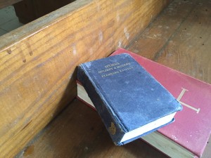 Hymnals in the used portion of the church